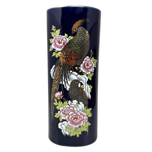 Vintage Japanese Vase Cobalt Pheasant Porcelain Vase Pink Florals Gold Trim - Picture 1 of 9